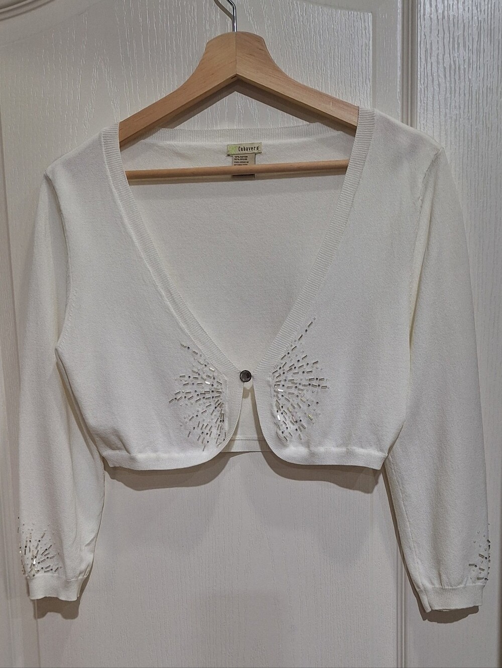 Embellished Cropped Cardigan Shrug PullOver Sweater Cream Ivory Beaded L RN58208